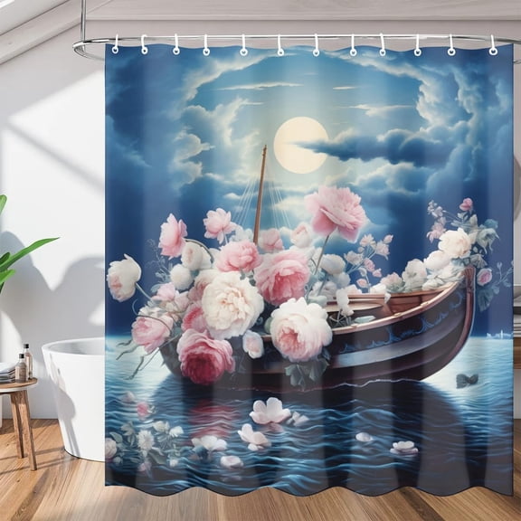 Flowers on Boat Shower Curtain, Waterproof Fabric Shower Curtain, Washable Polyester Bath Curtain for Bathroom Decor 36"W X 72"H