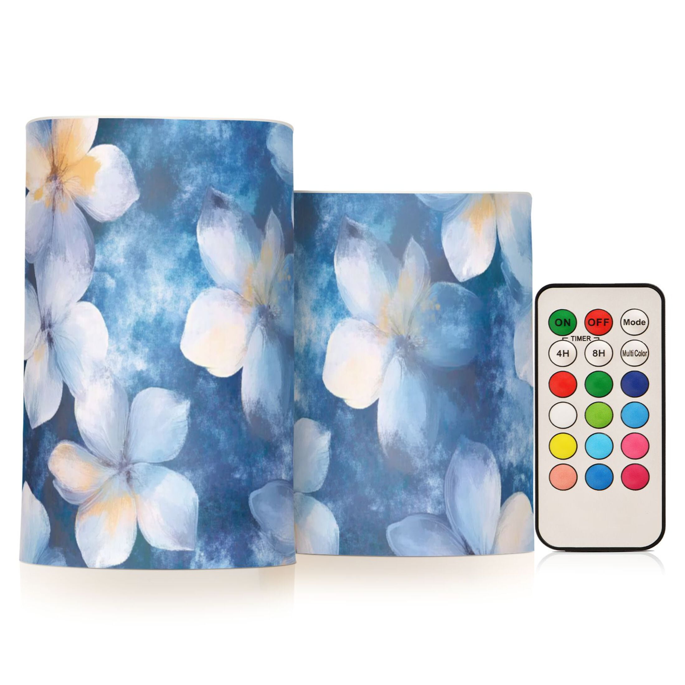 Flowers on Mottled Blue Flickering Flameless Candles Battery Operated with Remote Timer LED Pillar Candles Set of 2