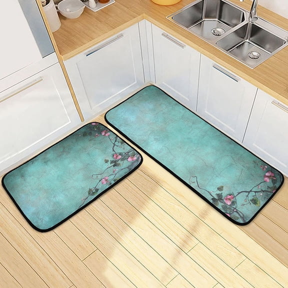 Flowers on The Blue Wall Kitchen Mat Set of 2 Cushioned Non Slip Rugs for Bedroom Floor Runner Mats
