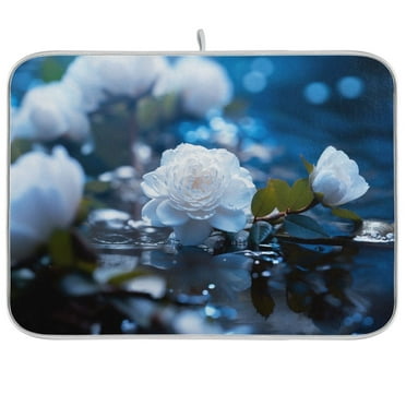 Flowers on Water Dish Drying Mat Microfiber Kitchen Pad Large Counter Absorbent Dish Mats Drainer Rack 16"x18"