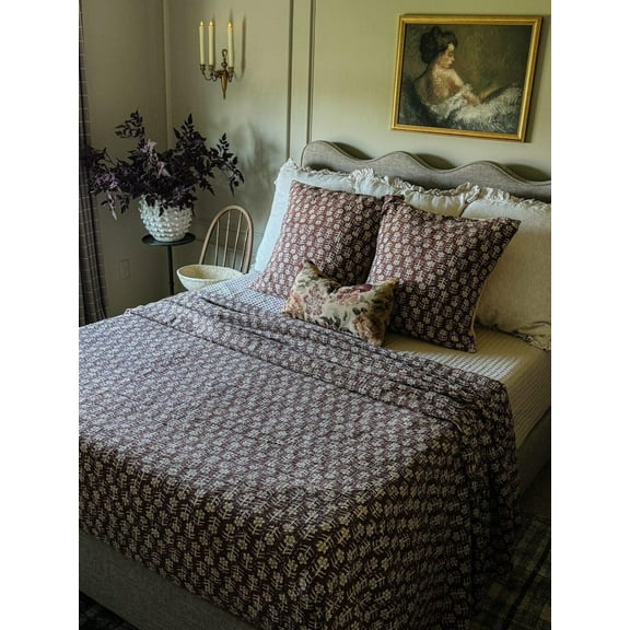 Flowers print Kantha Quilt Unique Design Handmade Kantha Quilted Bedding Bedspread Handblock Print Throw Blanket Well-Looking Quilt