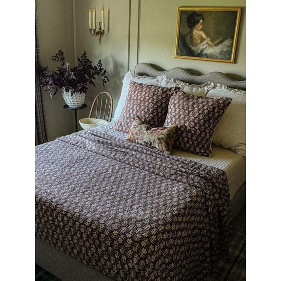 Flowers print Kantha Quilt Unique Design Handmade Kantha Quilted Bedding Bedspread Handblock Print Throw Blanket Well-Looking Quilt