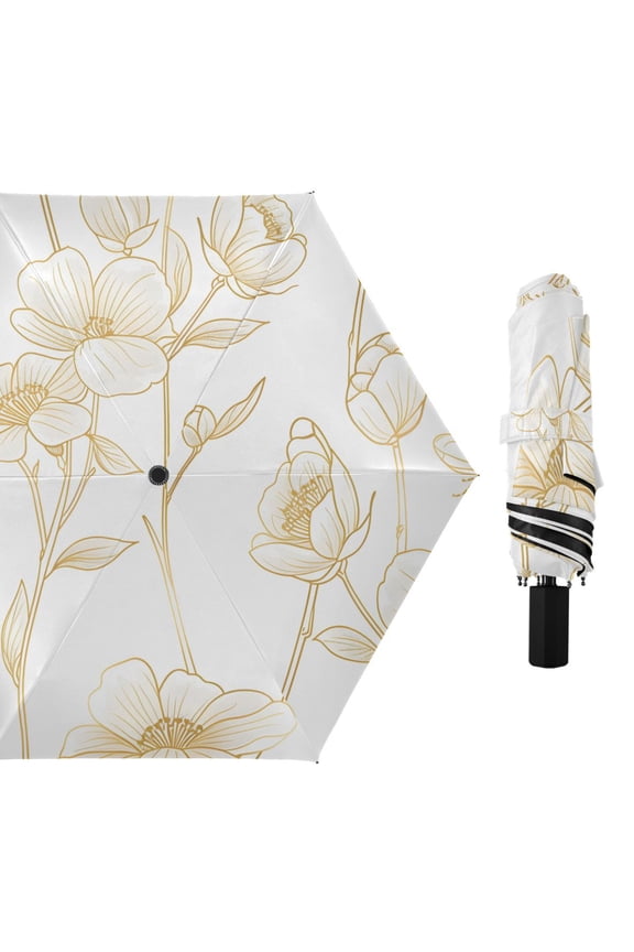 Flowers with Bees Flying Line Art All Weather Umbrella Triple Folding Parasol 6 Ribs UV Protection Portable