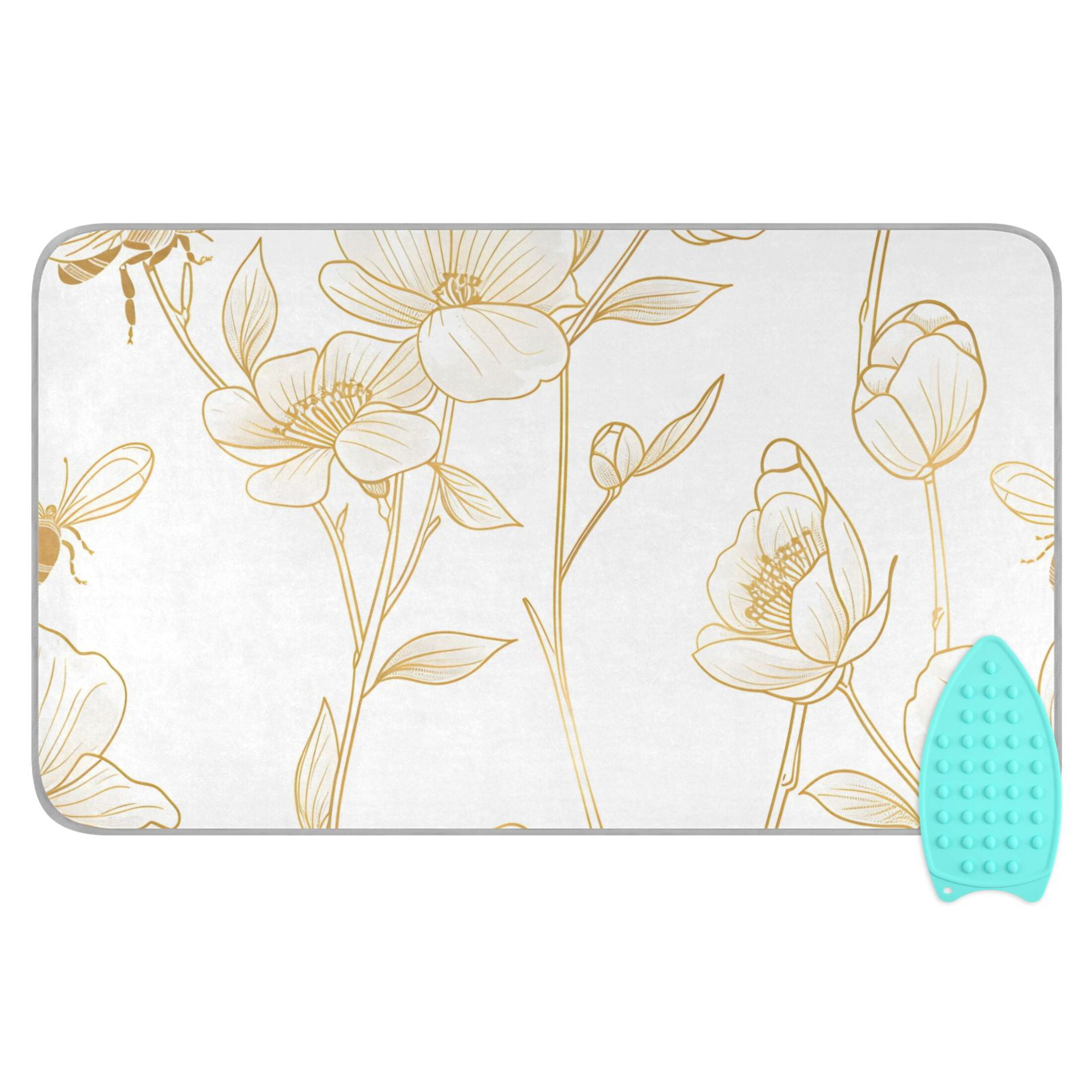 Flowers with Bees Flying Line Art Ironing Mat Blanket Portable Travel Ironing Pad Heat Resistant Pad 47.2" x 27.6”