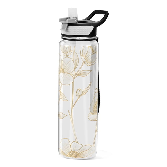 Flowers with Bees Flying Line Art Transparent Sports Water Bottle with Straw BPA Free Tritan 32oz for Gym Camping