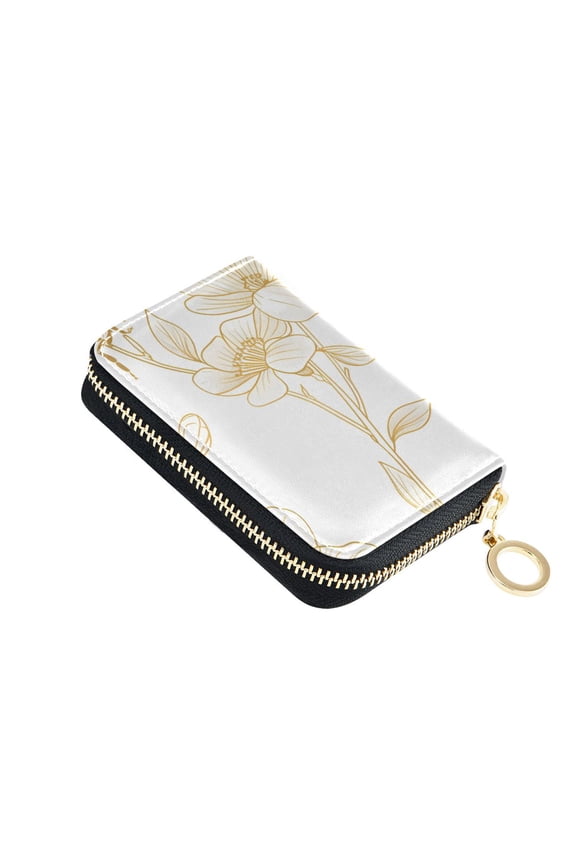 Flowers with Bees Flying Line Art Women's Credit Card Holder PU Leather Zipper Wallet RFID Blocking