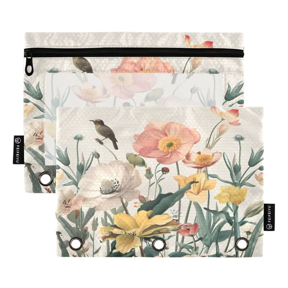Flowers with Bird 2 Pack Pencil Pouch for 3 Ring Binder Smooth Zipper Folders with Pockets Clear Window Pencil Case