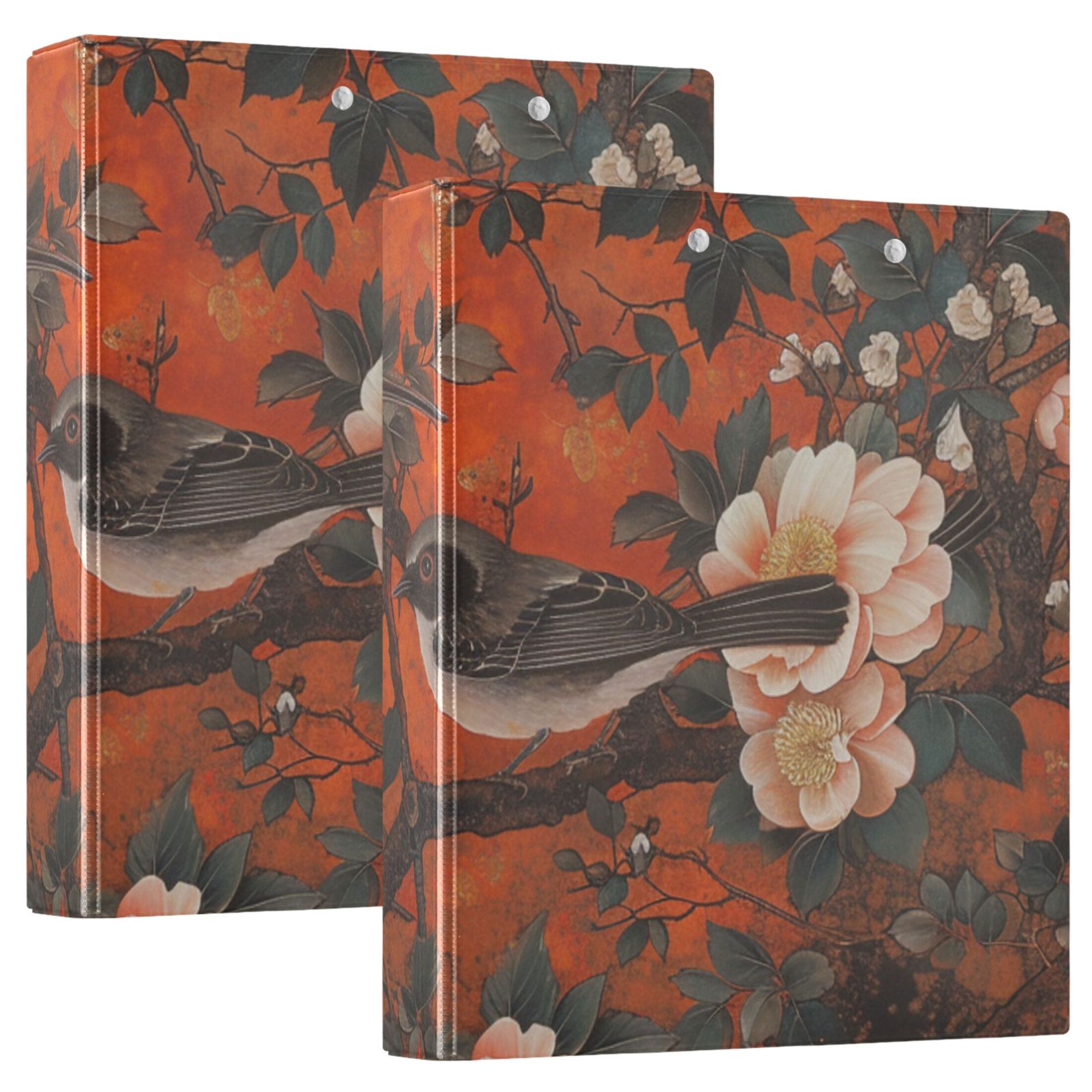 Flowers with Birds 3 Ring Binders 1.5 inch Hardcover File Folders with Interior Pockets A4 Size Organizer for School Office Hospital Set of 2