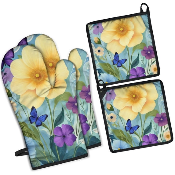 Flowers with Butterflies Kitchen Oven Mitt and Pot Holder Sets 4 Pcs for Baking, Cooking and Grilling, Heat Resistant Up To 392 °F