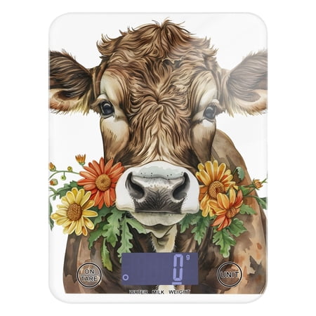 Flowers with Cow Food Scale Digital Kitchen Scale Waterproof Tempered Glass Tare Function 11 lb for Baking Cooking Meal Prep