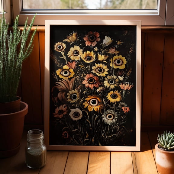 Flowers with Eyes Gothic Wall Art, Dark Whimsigoth Decor, Unframed Paper Print Size 8x12