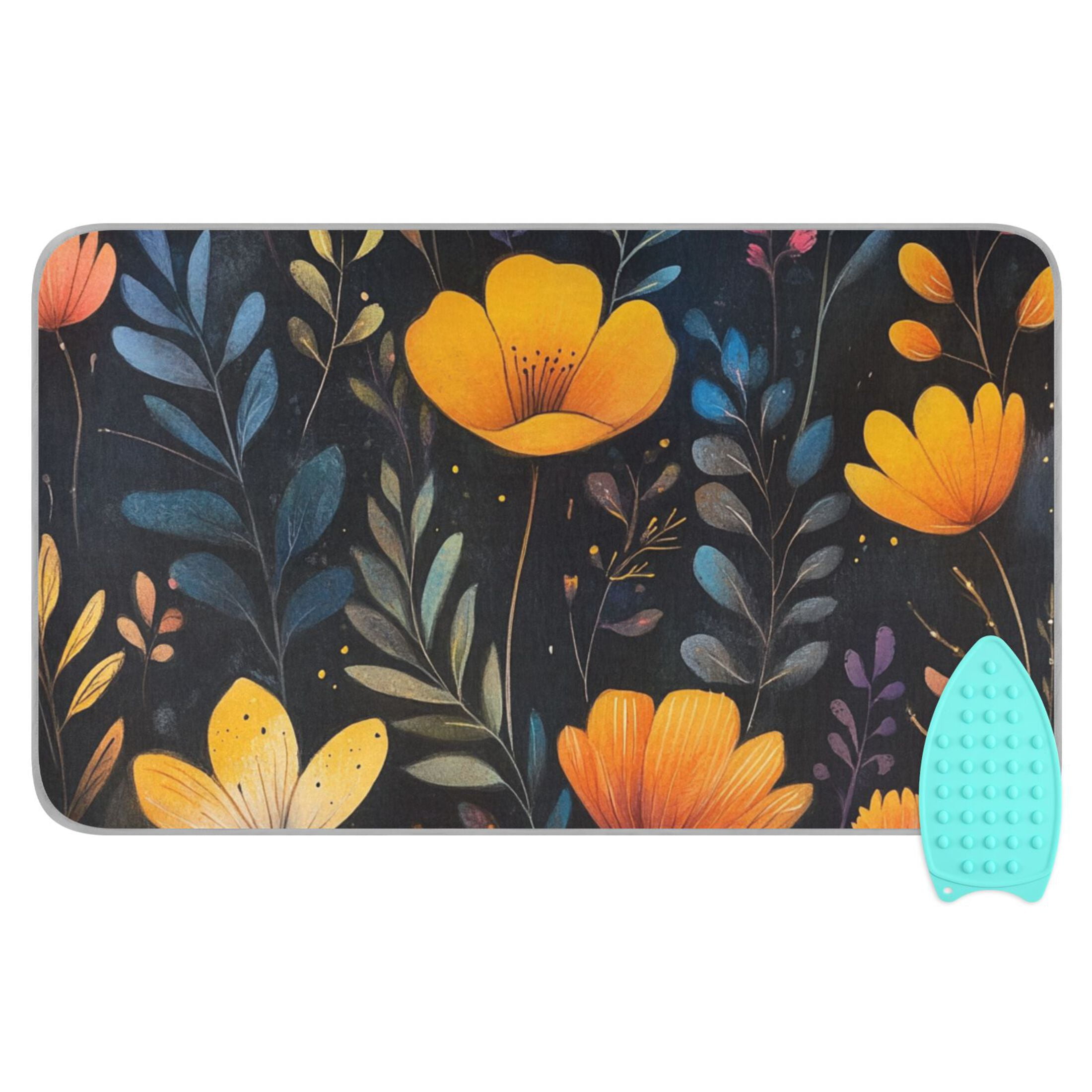Flowers with Leaves Hand Drawn Ironing Mat Blanket for Table Top Travel Portable Ironing Board Pad 47.2x27.6 Inch