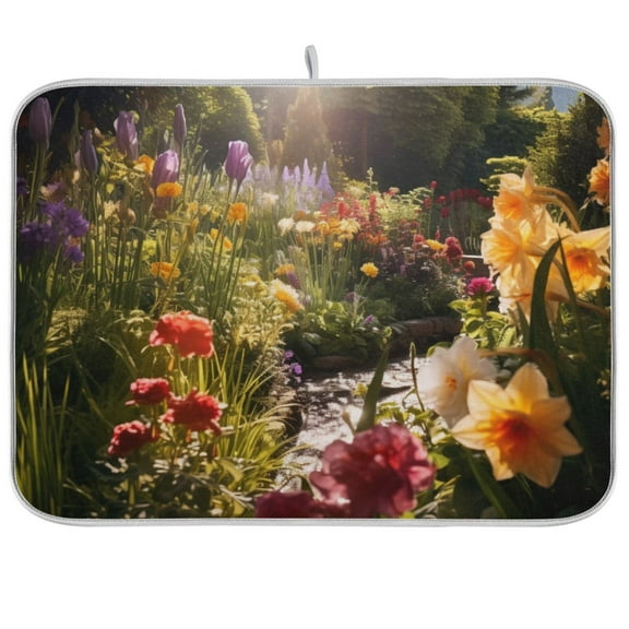 Flowers with Sun Dish Drying Mat Microfiber Kitchen Pad Large Counter Absorbent Dish Mats Drainer Rack 16"x18"
