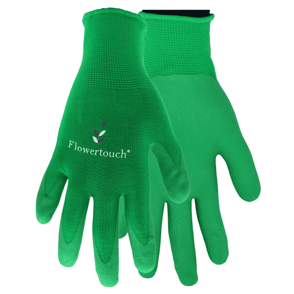 Flowertouch A207 Foam Latex Palm 13 Gauge All Purple Gloves, Seamless Knit Liner, Green, Size Medium, Sold by Pair