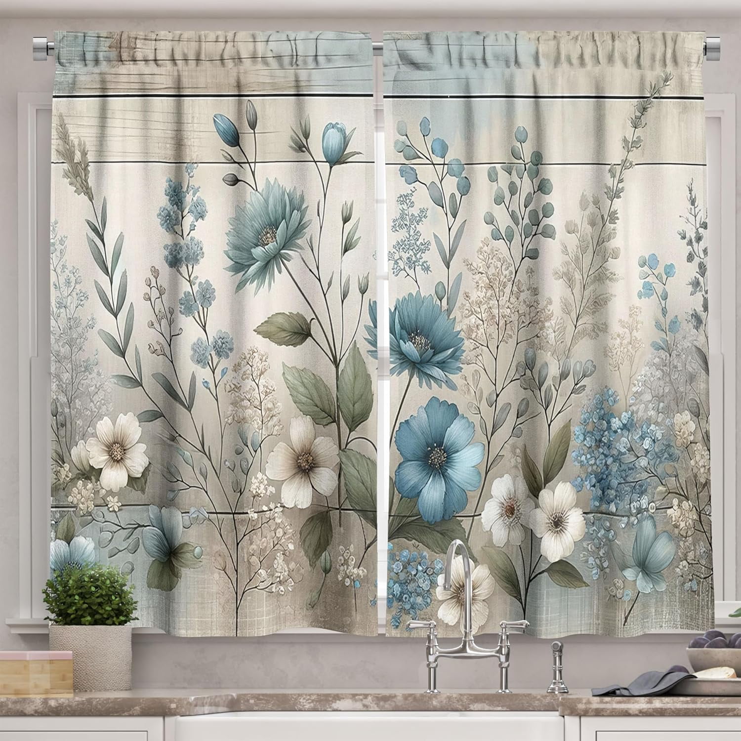Flowery Kitchen Curtains, Winter Melancholy Blooming Floral with