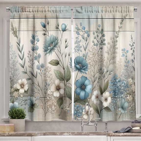 Flowery Kitchen Curtains, Winter Melancholy Blooming Floral with Greenery Leaves Muted Tones, Window Drapes 2 Panel Set for Kitchen Cafe Decor, 55" x 36", Sea Blue Grey Yellow