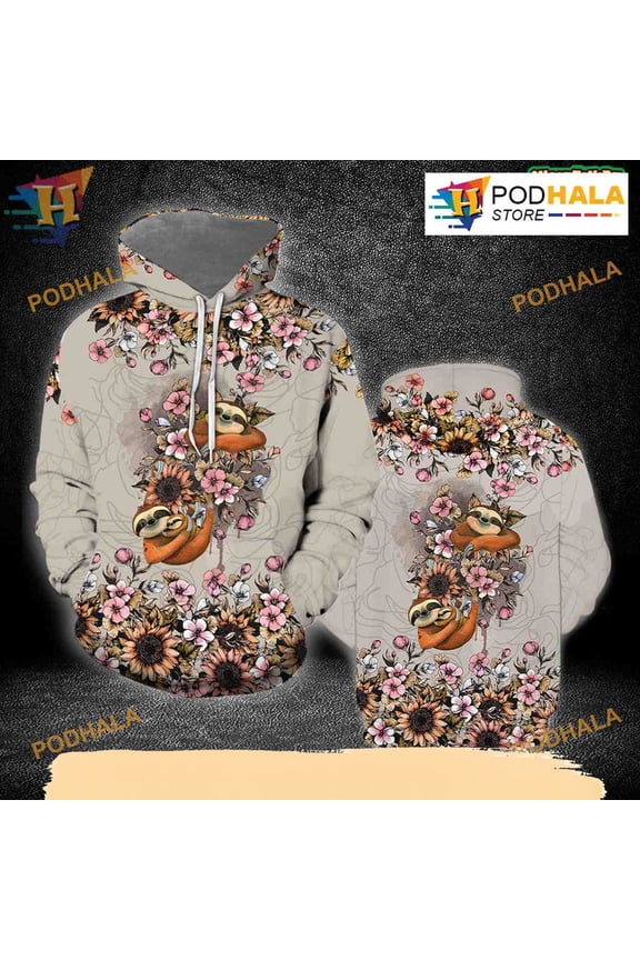 Flowery Sloth All Over Printed 3D Hoodie T-Shirt