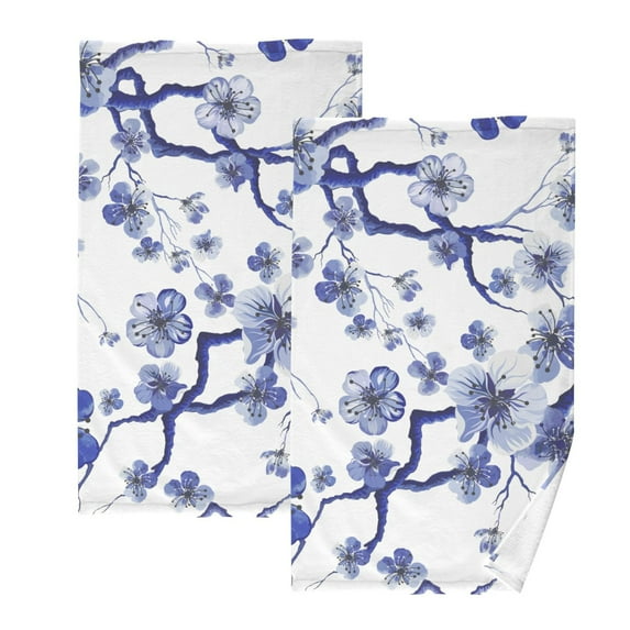 Flowes Floral Blue Bath Hand Towels 2 Pcs Absorbent Face Towel Soft Breathable Cotton Towel Set for Bathroom Kitchen Hotel Spa Decor