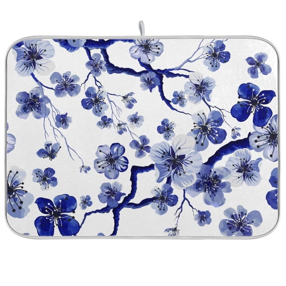 Flowes Floral Blue Dish Drying Mat Microfiber Kitchen Mats Large Counter Absorbent Dish Pad Drainer Rack 18"x24"