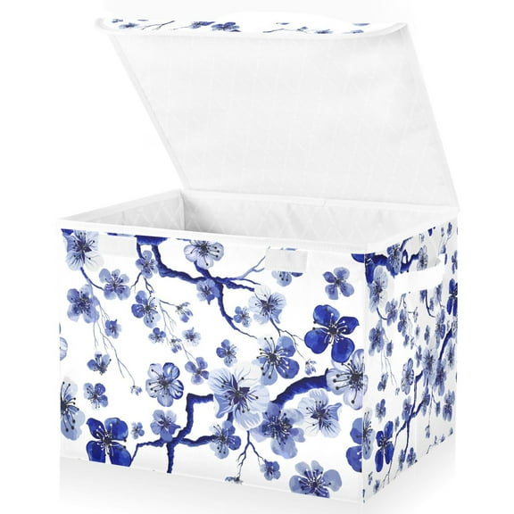 Flowes Floral Blue Large Lidded Storage Bin Foldable Storage Boxes Cubes Baskets Lids with 2 Handles for Home Bedroom Office 16.5x12.6x11.8inch