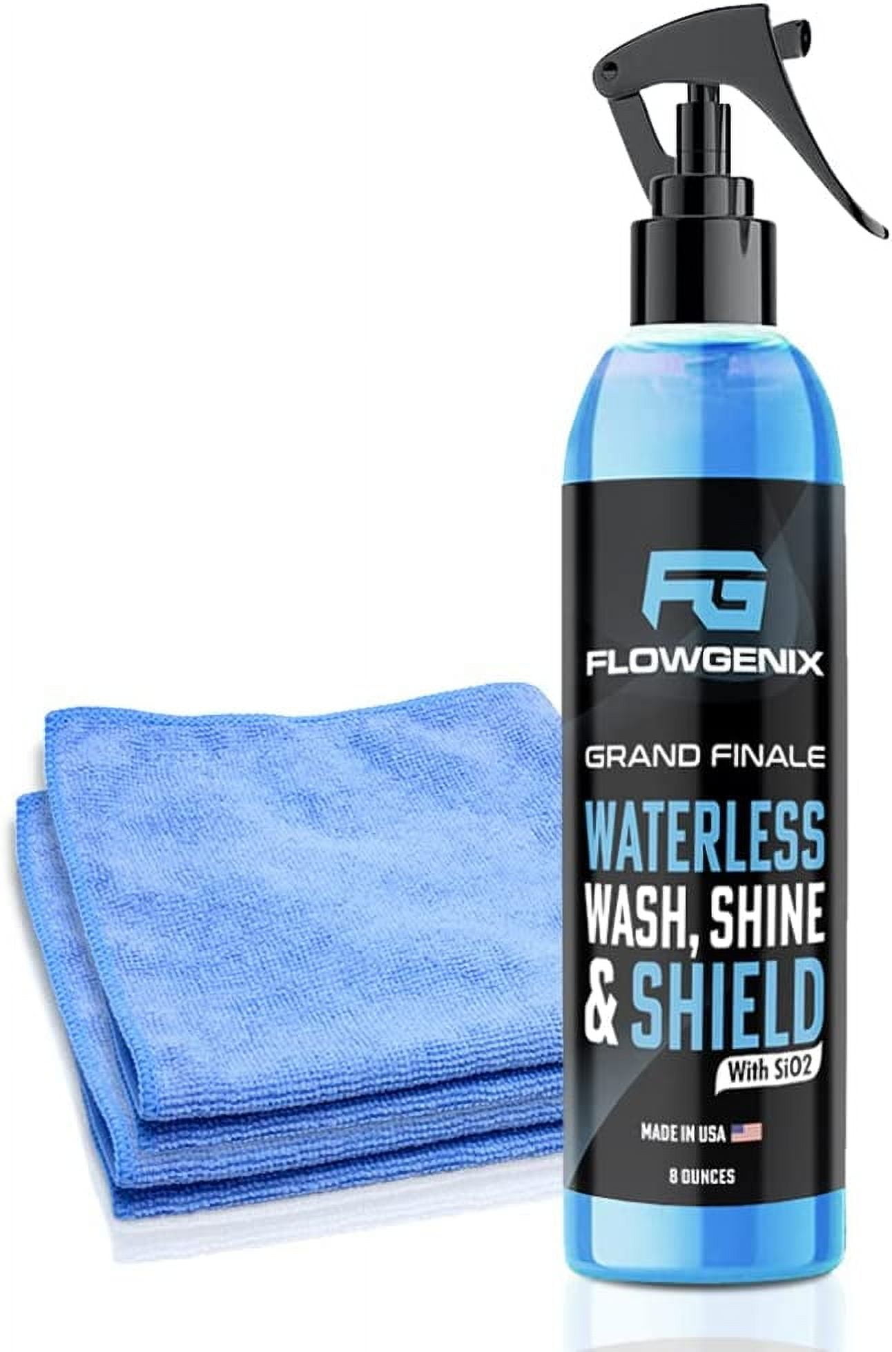 Flowgenix Waterless Car Wash Spray - Grand Finale - Motorcycle Cleaner & Car Wax Polish (8 oz) - Ceramic Coating - Incl. 2 Microfiber Towels - Best Cleaner & Quick Detailer to Make Your Vehicle Shine