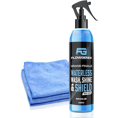 Flowgenix Waterless Car Wash Spray - Grand Finale - Motorcycle Cleaner & Car Wax Polish (8 oz) - Ceramic Coating - Incl. 2 Microfiber Towels - Best Cleaner & Quick Detailer to Make Your Vehicle Shine