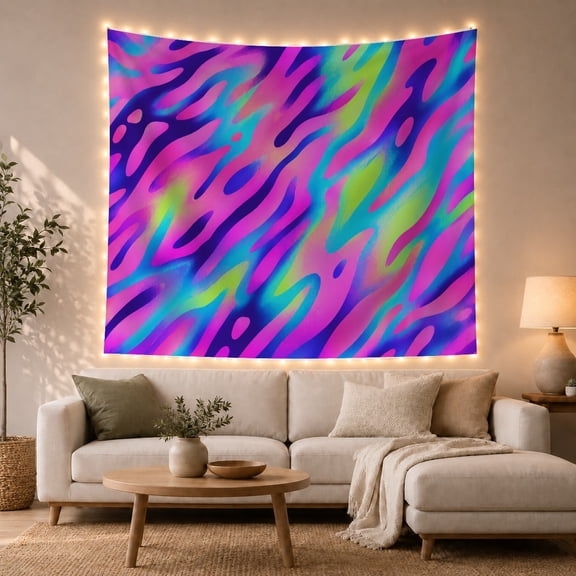 Flowing Abstract Shapes Against a Dark Contrasting Background, Energetic Psychedelic for Retro Art Lovers, Vibrant Neon Wall Decor, Birthday Gift, Tapestry Wall Hanging for Dorm and Living Room