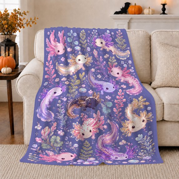Flowing Axolotls Among Jeweled Plants And Bubbles, Soft Flannel Blanket with Ornamental Fantasy Illustration Print, Housewarming Gift and Home Decor for Bedroom and Living Room