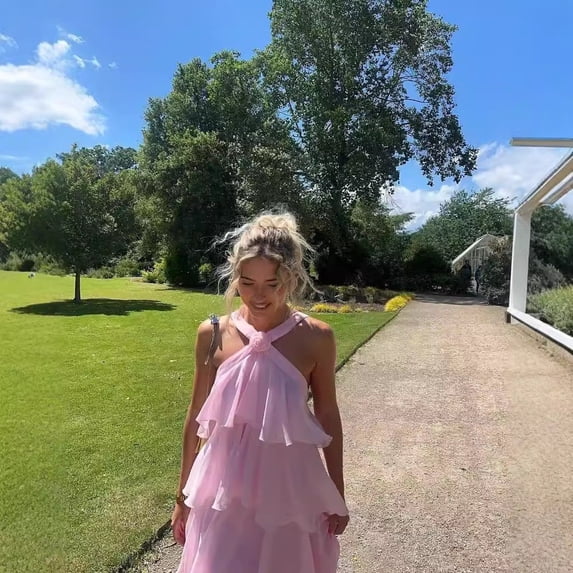 Flowing, Layered Polyester Maxi Dress — Halter-Neck, Sleeveless Chiffon Tiered Dress (Wedding & Vacation Style)