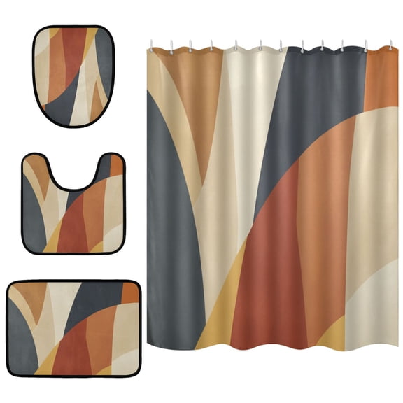 Flowing Lines Bathroom Accessory Curtain Sets Bath Curtain Anti-Slip Mats and Toilet Pad 66x72in