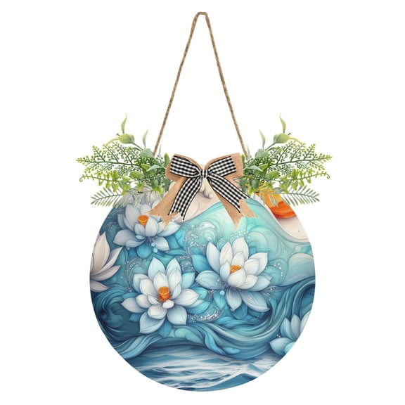 Flowing Lotus Figure Front Door Porch Decoration Hanging Sign with Artificial Green Plants and Bow for Home Outdoor Indoor