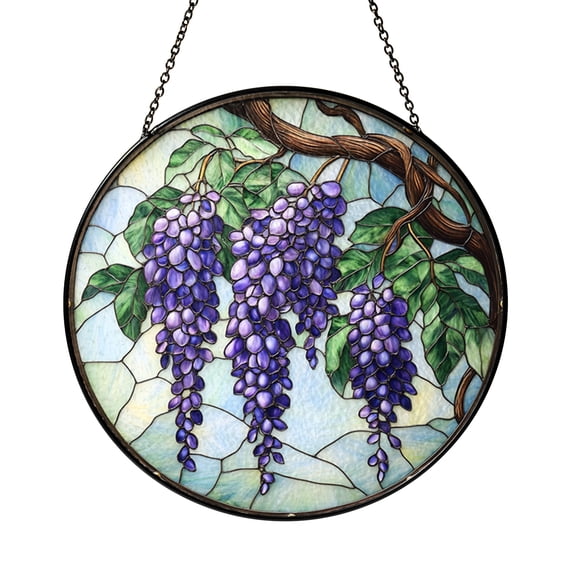 Flowing Purple Flower Stained Glass Style Round Window Hanging