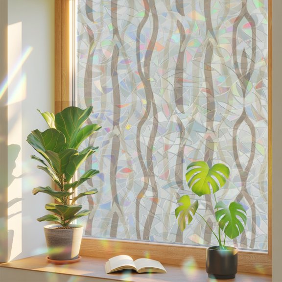 Flowing Ribbons Window Privacy Film, Abstract Brown Woodgrain Stained Glass Rainbow Film Decorative Window Clings, Static Cling Sun Blocking Stickers 23.6" x 59"