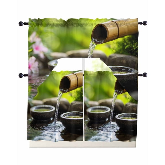 Flowing Water Zen Stones Kitchen Curtains Swag Valance and Tier Curtains Set 24 Inch Length, Modern Country Abstract Art Rod Pocket Drape Panels Pair Swag Curtain for Bathroom/Cafe/Window