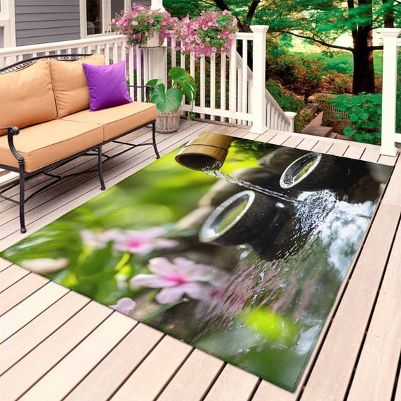 Flowing Water Zen Stones Outdoor Rug 3x5 Ft, Non Slip Washable Area Rug, Modern Country Abstract Art Patio Rugs Carpet Runner, Large Floor Mat for Indoor/Outdoor Deck Porch Camping