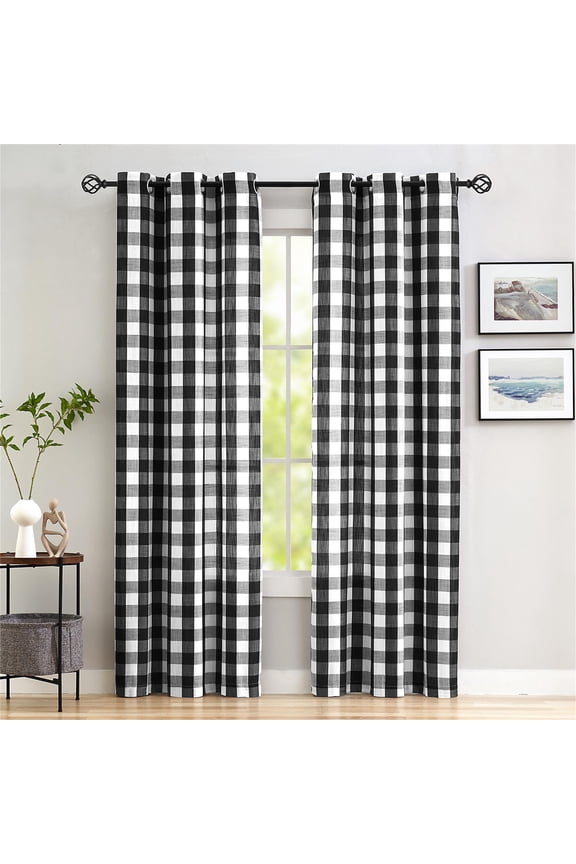 2 Panels Buffalo Check Semi Sheer Curtains Black and White Plaid Textured Grommet Drapes for Farmhouse Living Room Bedroom, 40"Wx84"L
