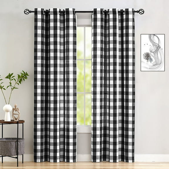 Flowpartex 2 Panels Buffalo Check Semi Sheer Curtains Black and White Plaid Textured Grommet Drapes for Farmhouse Living Room Bedroom, 40"Wx90"L