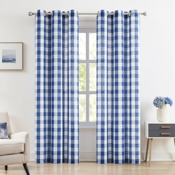 Flowpartex 2 Pieces Buffalo Check Semi Sheer Curtain Panels Blue and White Plaid Textured Curtains Drapery, 40"Wx95"L Farmhouse Grommet Top Window Drapes for Living Room Bedroom