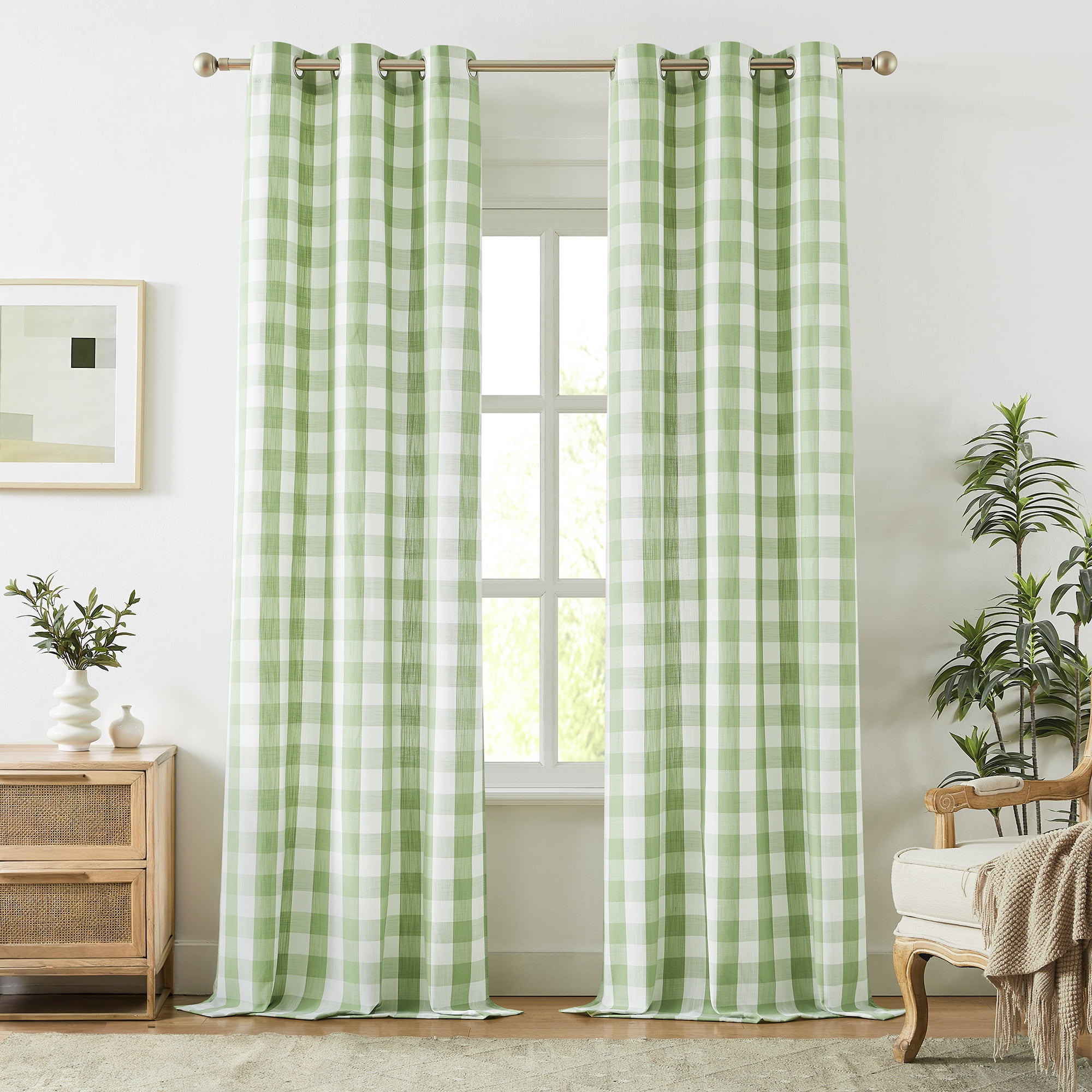 Flowpartex 2 Pieces Buffalo Check Semi Sheer Curtain Panels Green and White Plaid Textured Curtains Drapery, 40"Wx84"L Farmhouse Grommet Top Window Drapes for Living Room Bedroom