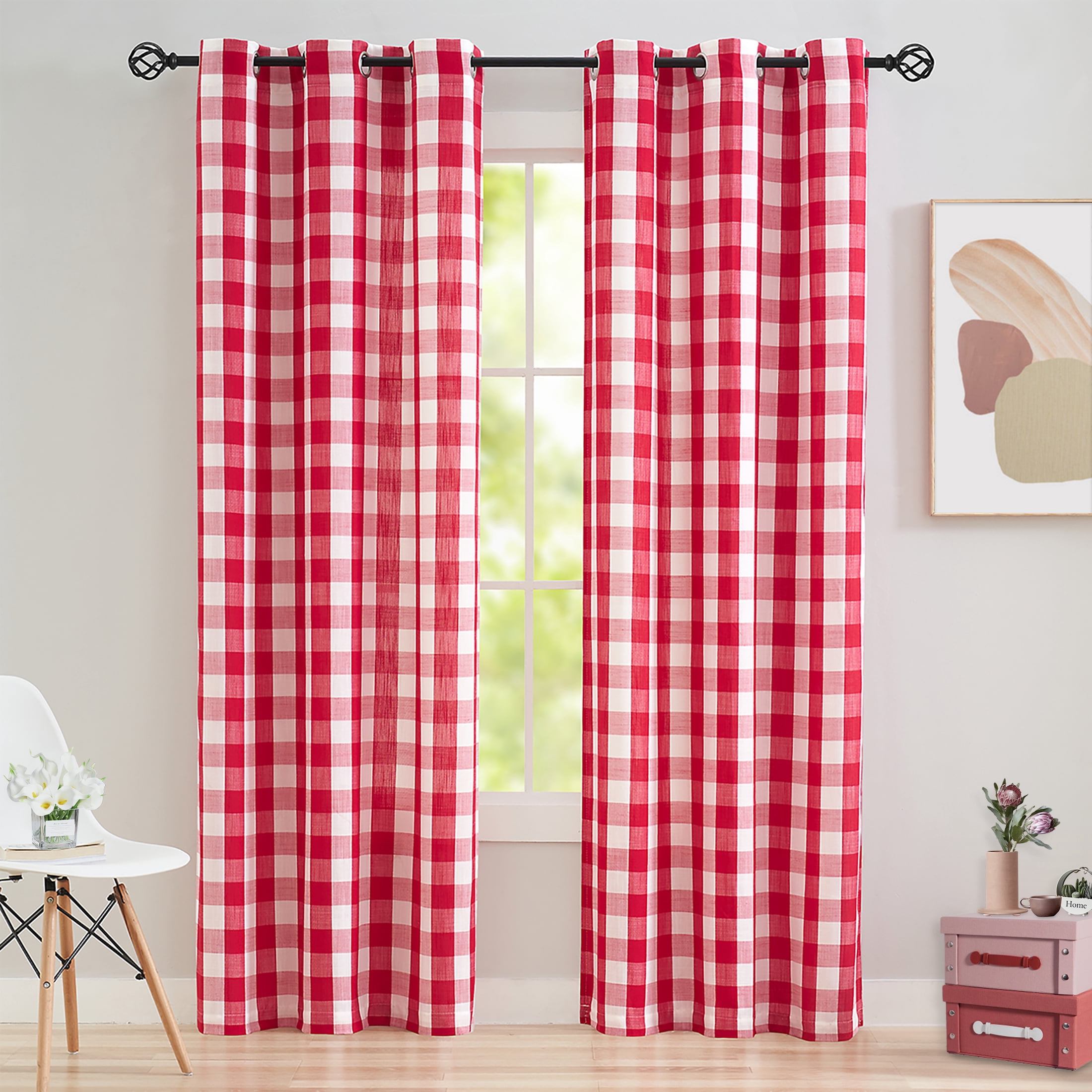 Flowpartex 2 Pieces Buffalo Check Semi Sheer Curtain Panels Red and White Plaid Textured Curtains Drapery, 40"Wx84"L Farmhouse Grommet Top Window Drapes for Living Room Bedroom