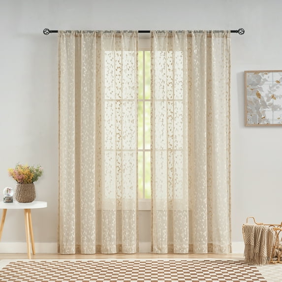 Flowpartex Beige Lace Sheer Curtain Panels Spring Leaf Buds Embroidered Print Rod Pocket Window Drapes Set of 2 Light Filtering for Living Room Bedroom, 52"Wx84"L