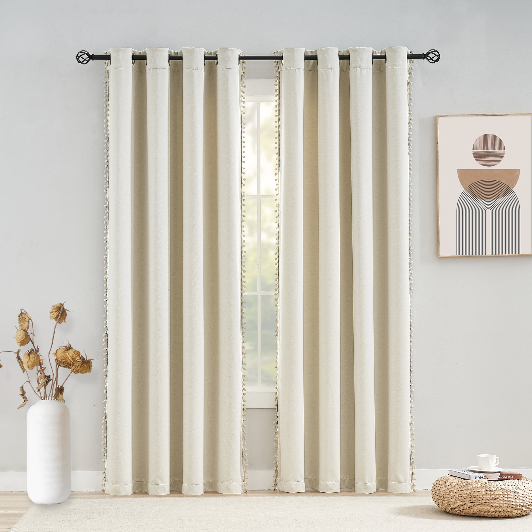 Flowpartex Pom Pom Modern Beige Grommet Blackout Curtain Panel Pairs, 52” x 84” (2 Panels)
