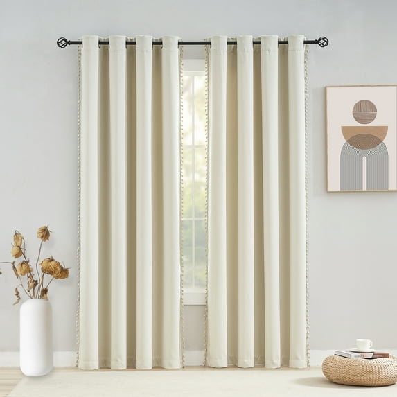 Flowpartex Beige Pom Pom Blackout Thermal Window Curtains Energy Efficient Grommet Drapes for Bedroom 52"W x 63"L, 2pcs