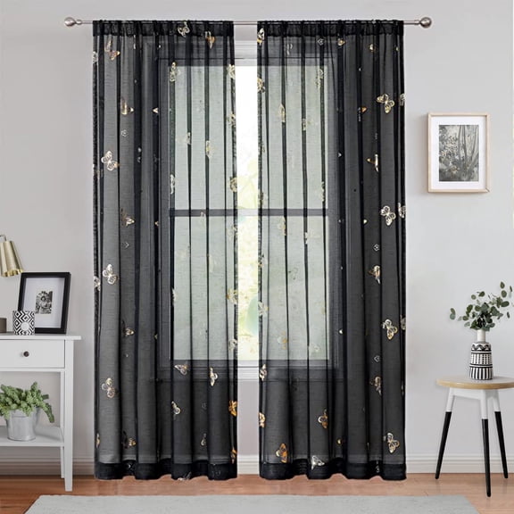 Flowpartex Black and Gold Butterfly Sheer Curtain Panels for Boys Girls Room, Spring Linen Textured Metallic Print Patterned Voile Rod Pocket Curtain Drapes 84"L×52"W for Bedroom, 2 Panels