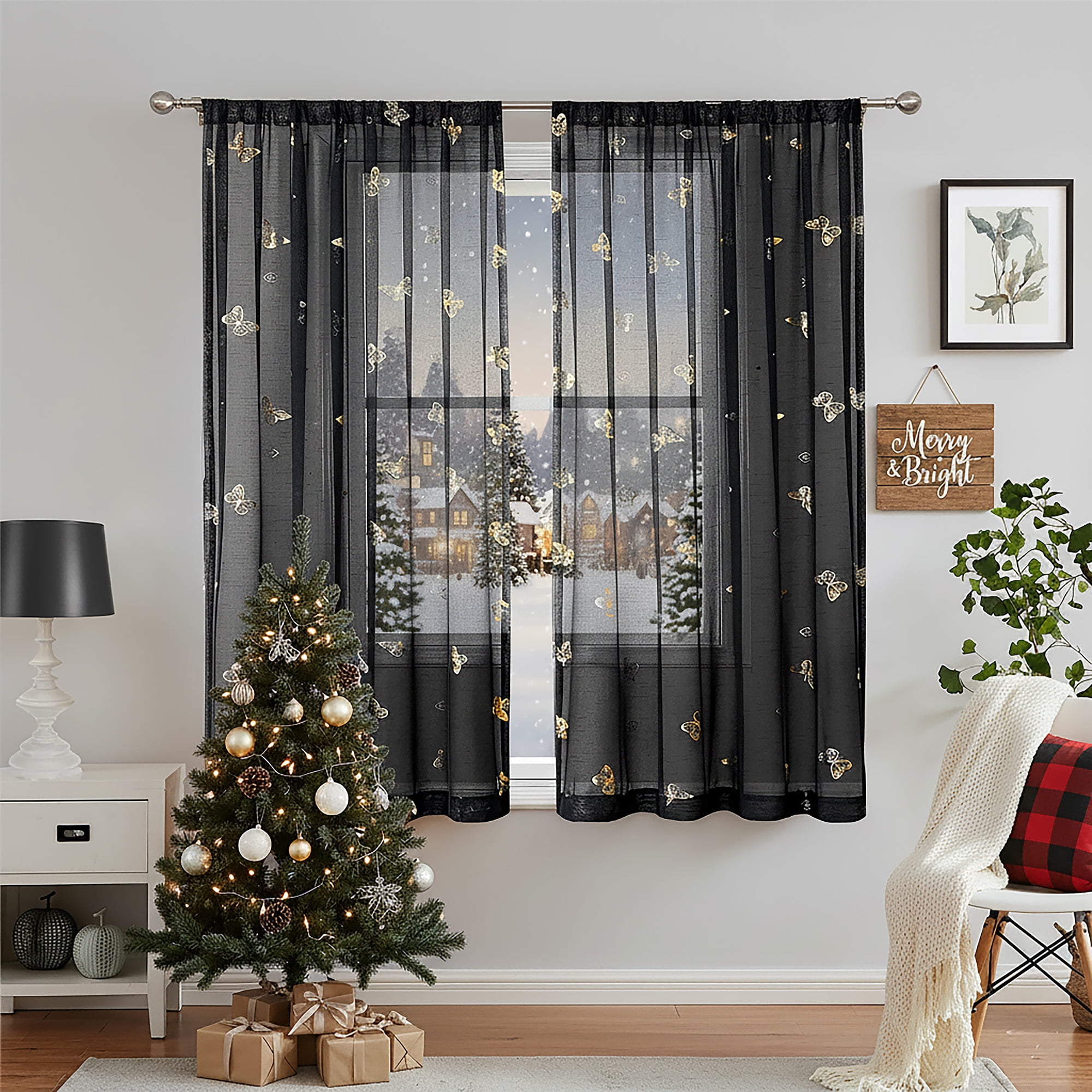 Flowpartex Black and Gold Butterfly Spring Sheer Curtain Panels for Living Room, Linen Textured Metallic Print Patterned Voile Rod Pocket Curtain Drapes for Bedroom, 2 Panels 63"L×52"W