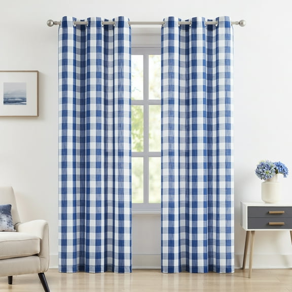 Flowpartex Buffalo Check Semi Sheer Curtain Panels Blue and White Plaid Textured Curtains Drapery, Farmhouse Grommet Window Drapes for Living Room Bedroom, 40"Wx63"L 2 Pieces