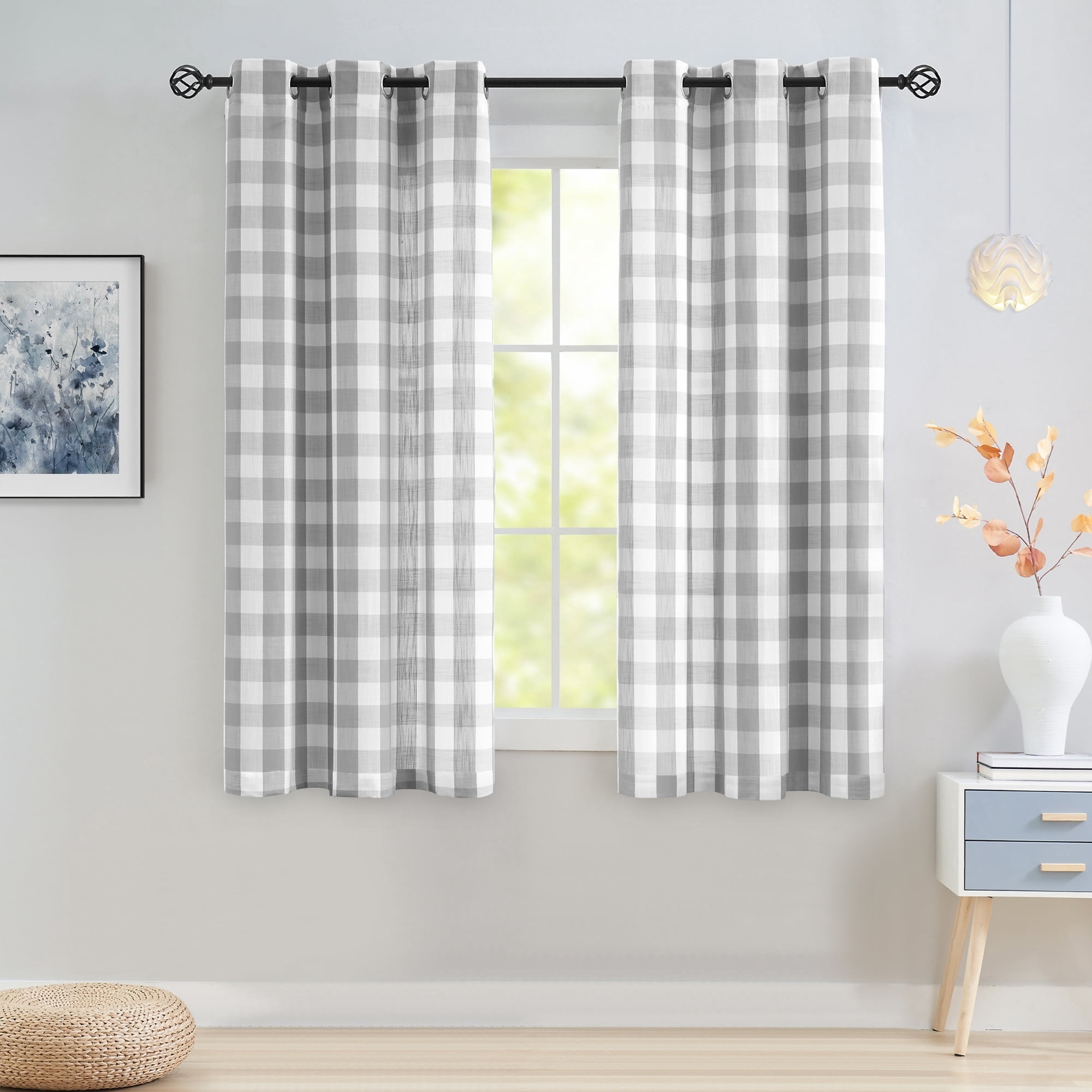 Flowpartex Buffalo Check Semi Sheer Curtain Panels Gray and White Plaid Light Filtering Window Drapes for Farmhouse Living Room Bedroom, Grommet Top 40"Wx63"L 2pcs