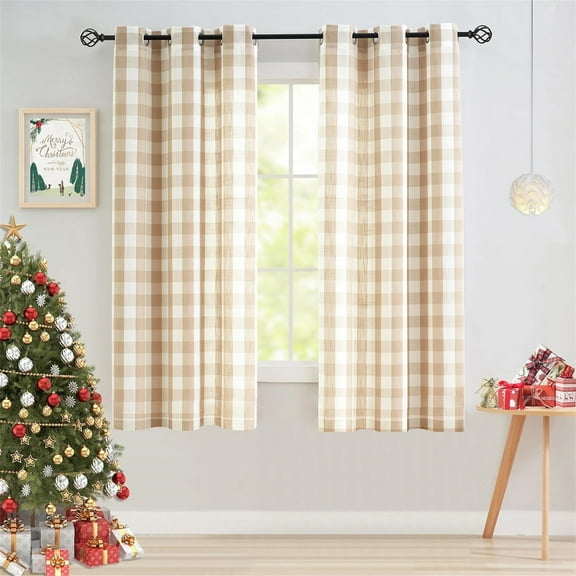 Flowpartex Buffalo Check Semi Sheer Curtains for Living Room Bedroom Farmhouse Tan and White Plaid Light Filtering Grommet Top Window Drapes, 40"Wx63"L 2 Panels