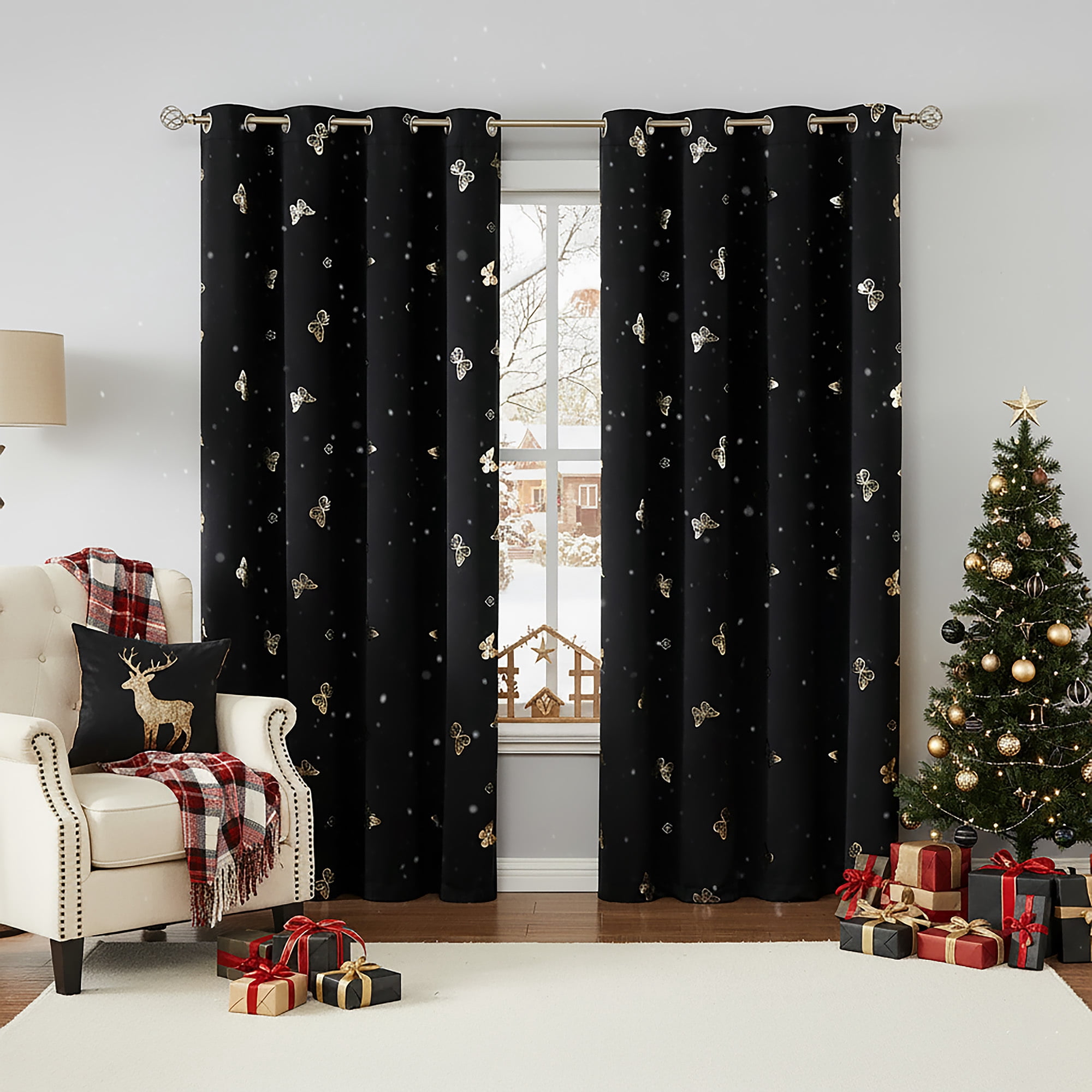 Flowpartex Butterfly Blackout Curtain Panels Set of 2 for Living Room Darkening Black and Gold Foil Print Grommet Top Window Drapes for Nursery Kids Bedroom, 63"L×52"W