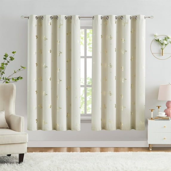 Flowpartex Butterfly Blackout Curtains 2 Panels for Nursery Kids Bedroom Gold Metallic Floral Print Beige/Ivory Grommet Top Window Drapes, 54"L×52"W